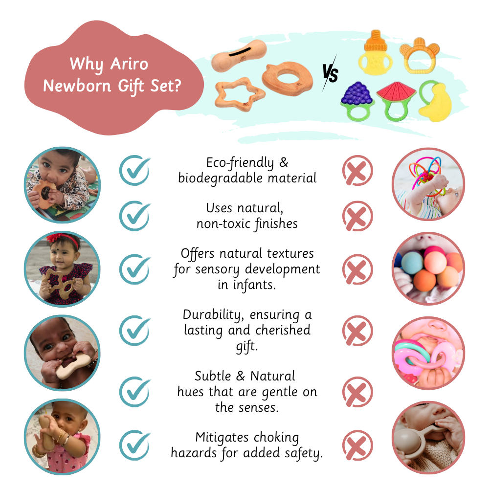 (Comparison graphic): Graphic comparing Ariro's neem wood newborn gift set against plastic baby toys, with checkmarks for eco-friendly biodegradable material, natural non-toxic finishes, natural sensory textures, durability, subtle natural hues, and reduced choking hazards, alongside photos of babies chewing on the wooden teethers, versus crossed-out photos of colorful plastic teethers and rattles.