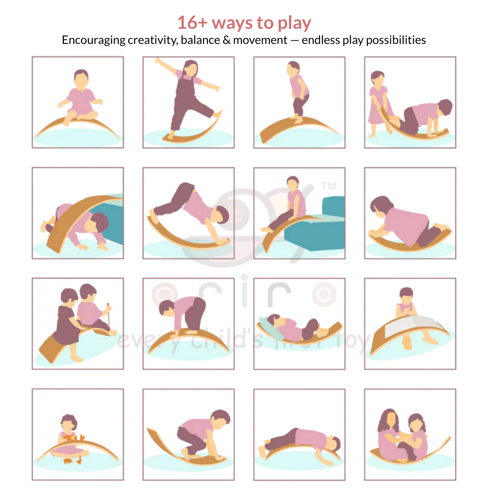 Illustrations of various activities encouraging creativity, balance, and movement on a white background.