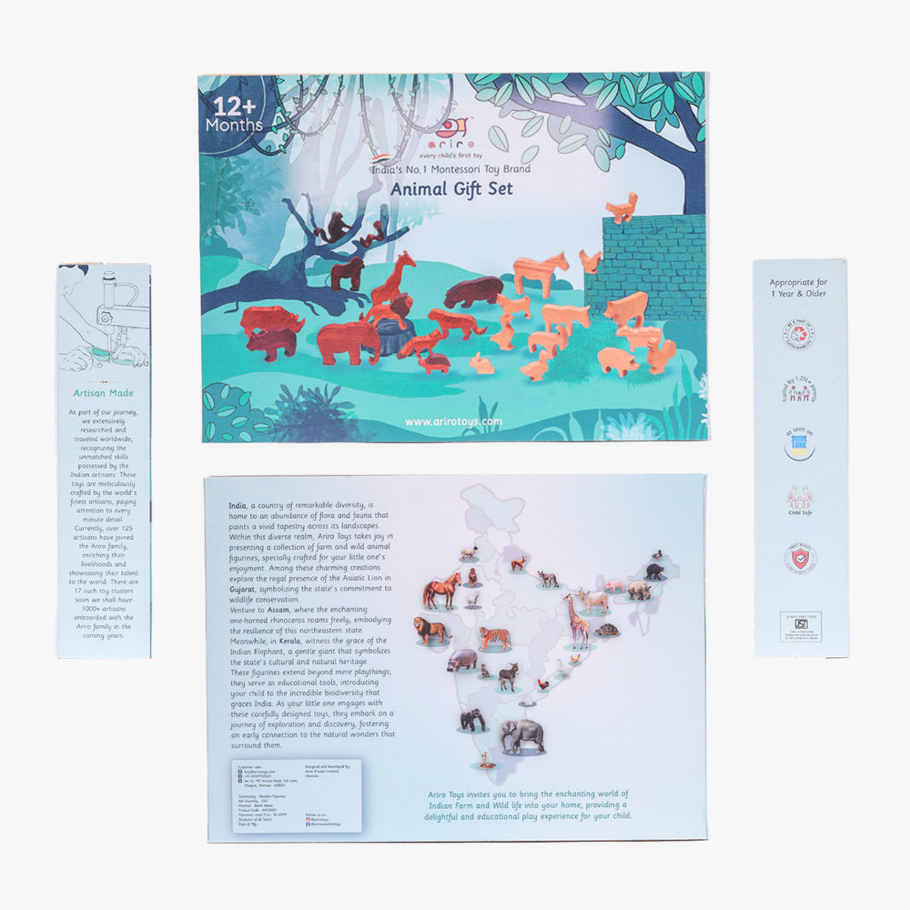 A complete gift set featuring a box with 12 wild and 13 farm animal figures and a booklet detailing the origins and benefits of the toys, highlighting that it is "Artisan Made" and "Appropriate for 1 year & Older.