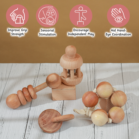 Wooden Rattle Set – handcrafted toys including bell rattle, grasping beads, interlocking discs, and rolling rattle – designed to support grip strength, sensory development, and hand-eye coordination for babies