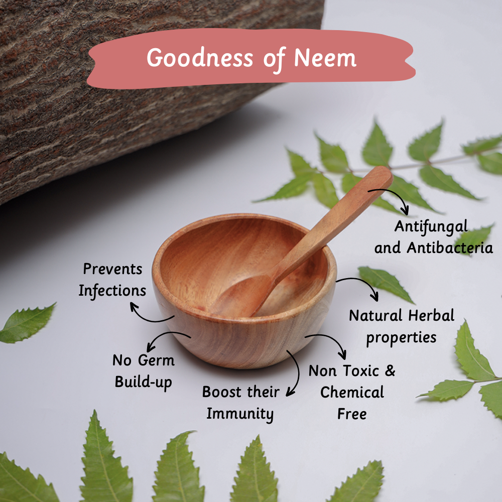 Neem Wood Bowl & Spoon is made up of non toxic , chemical free maerial with natural herbal properties which prevents infections and germ build up to boost immunity