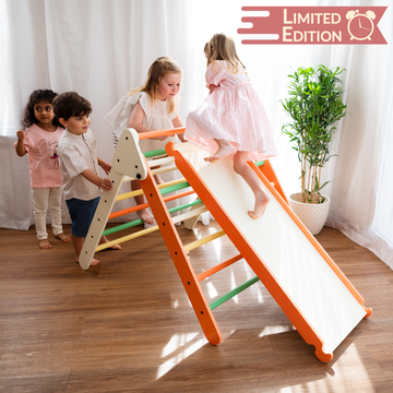 colorful Montessori-inspired Pikler triangle with a reversible slide promotes gross motor development, confidence, and active play for toddlers