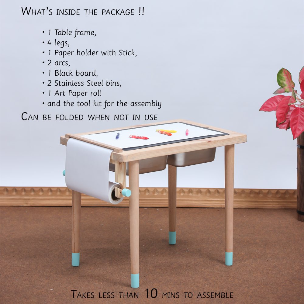 sensory table features dual stainless steel bins, a blackboard top, an art paper roll with holder, and all assembly tools included—ready to spark creativity in just under 10 minutes!