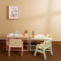 A playful and functional toddler workstation featuring pastel-accented wooden desks and chairs, perfect for creative learning and play.