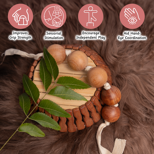 Wooden Grasping beads support grip strength, sensory development, hand-eye coordination, and encourage safe, independent play for babies.