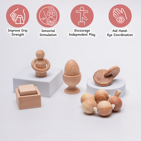 natural wood sensory toys for babies and toddlers – used to improve grip strength, encourage play, and develop motor skills.