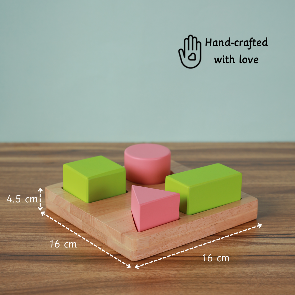 hand-crafted wooden block puzzle, featuring colorful shapes and smooth edges—perfectly sized for small hands