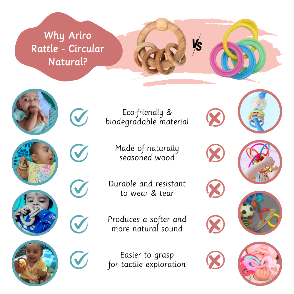 Ariro Circular Natural Rattle is made from durable, naturally seasoned wood for easy grip and gentle sound ,Eco-friendly and baby-safe