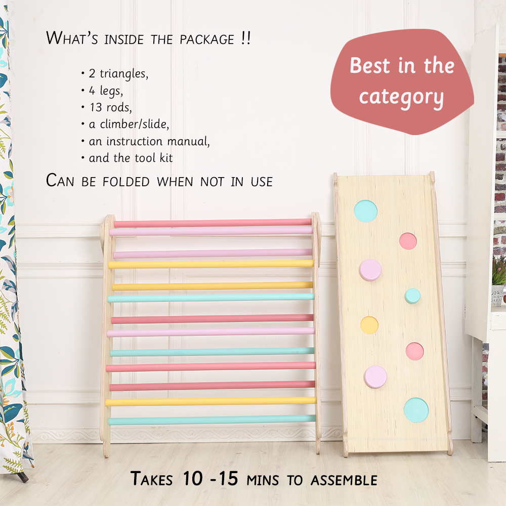 foldable Montessori Pikler Triangle set includes everything you need—2 triangles, 13 colorful rods, a reversible climber/slide, and tools for quick 10–15 min assembly, making it the best in its category for convenience and play