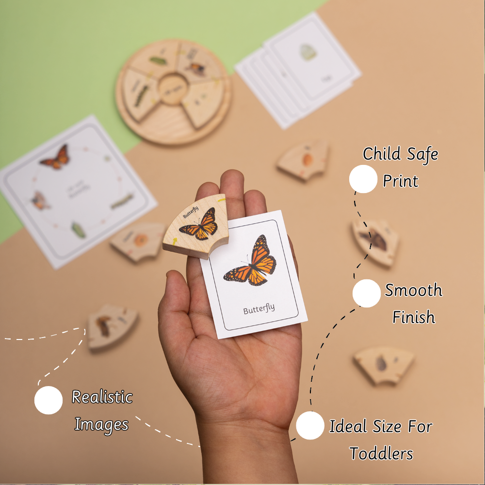 Wooden toddler puzzle with realistic butterfly images, child-safe print, smooth finish, and ideal size