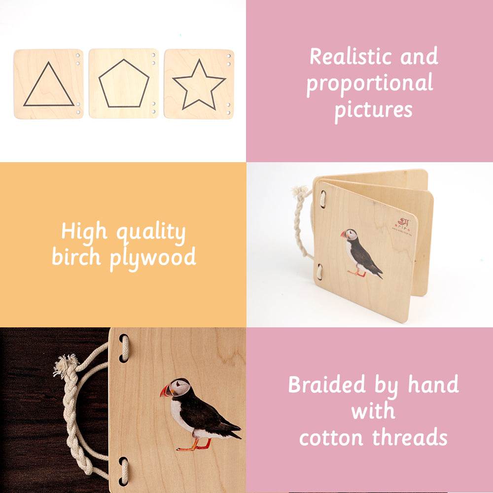 wooden puzzle book, highlighting its construction from high-quality birch plywood, "realistic and proportional" illustrations, and a hand-braided cotton thread binding for durability and natural appeal.