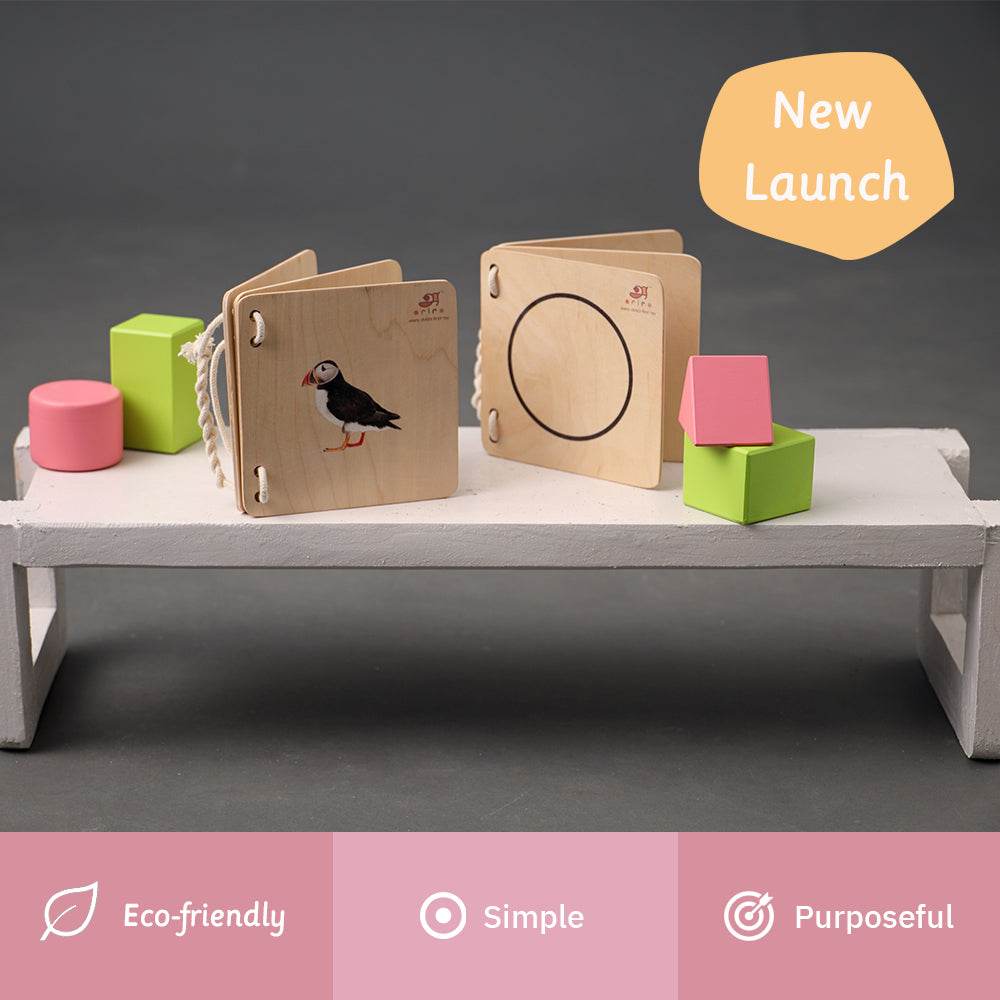 wooden puzzle books highlighting the product's "Eco-friendly," "Simple," and "Purposeful" design.