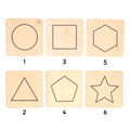 wooden puzzle  book , each featuring a different geometric shape outline: a circle, a triangle, a square, a pentagon, a hexagon, and a star.