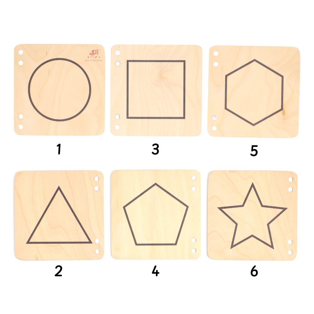 wooden puzzle  book , each featuring a different geometric shape outline: a circle, a triangle, a square, a pentagon, a hexagon, and a star.