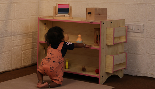 Before and after: scattered toys on the floor versus a neatly organised Ariro Montessori shelf