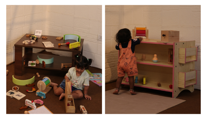 Ariro Montessori toy and book shelf available in three colours — blue, pink, and natural wood — for Indian homes