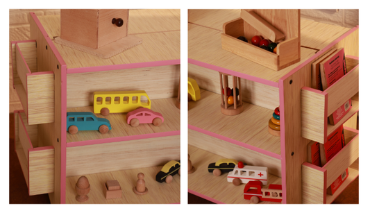 Toddler independently reaching for toys on the Ariro Montessori shelf in a home play space