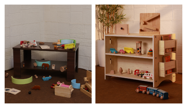 Close-up of Ariro Montessori shelf side compartments with books displayed face-out and wooden toys on shelves