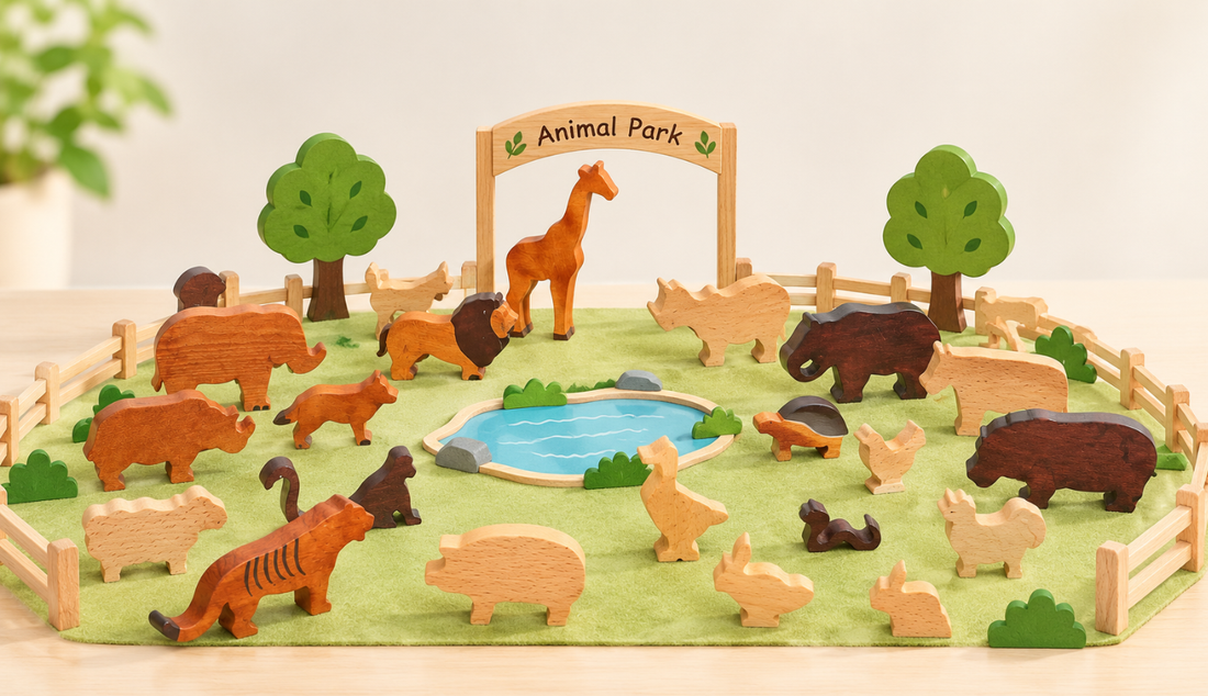 Child building vocabulary through play with Ariro wooden animal figures