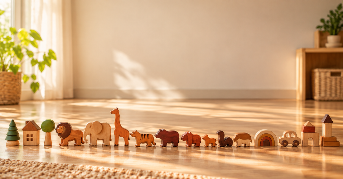 Wooden animals and toys lined up in a long row across the floor