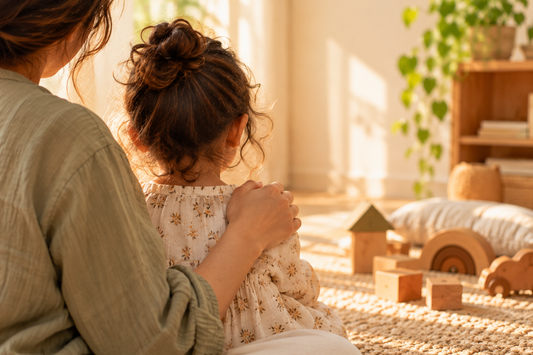 A parent's gentle hand on a toddler's shoulder, seen from behind
