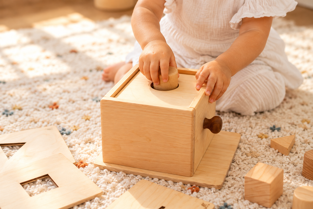 Toddler pushing a ball into a wooden object-permanence box