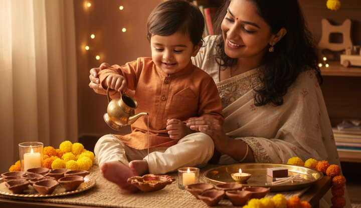 Child Helping to light the Diya For Diwali 