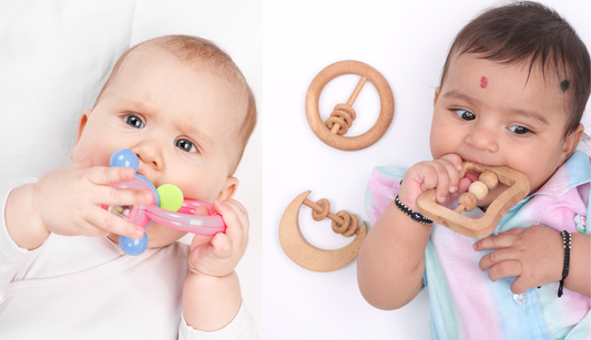 Baby with a wooden teether versus a plastic teether