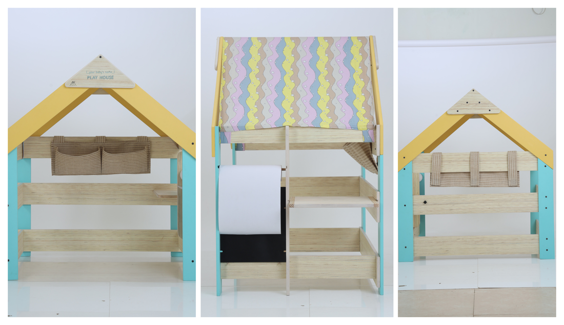 Features inside a wooden toddler playhouse