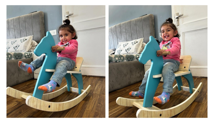 Toddler rocking independently on a wooden rocking horse