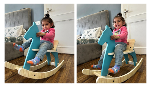 Toddler rocking independently on a wooden rocking horse