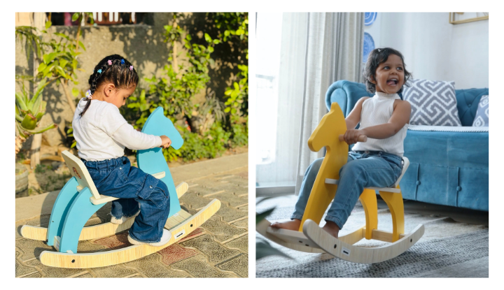 Ariro wooden rocking horse in yellow and blue