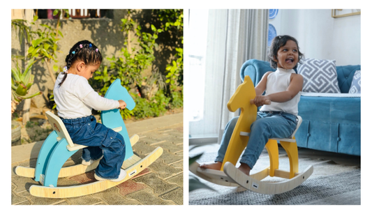 Ariro wooden rocking horse in yellow and blue