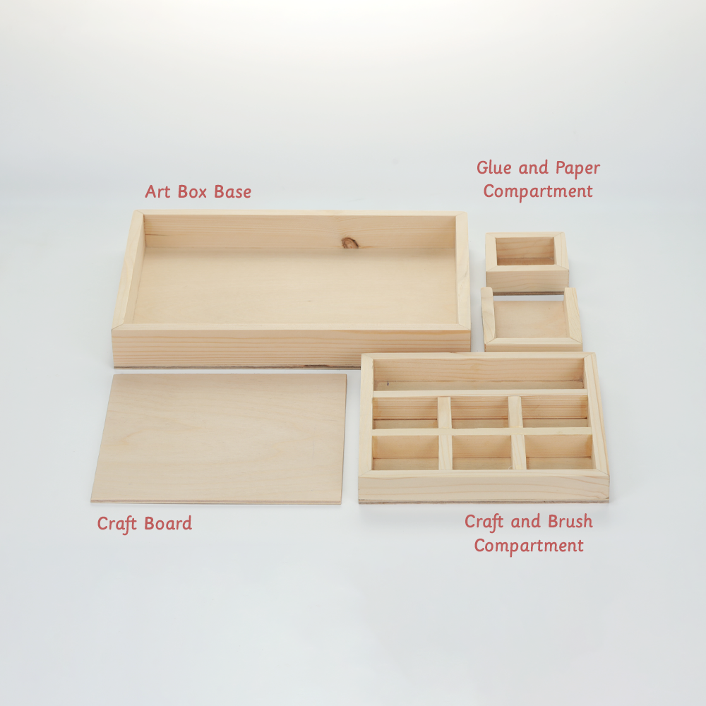 Art Box featuring compartments for glue, paper, brushes, and crafts—complete with a sturdy base and craft board.
