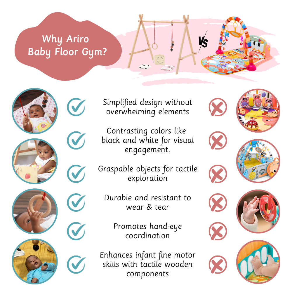 Ariro Baby Floor Gym is a best choice for sensory and motor development through its minimalist design, tactile wooden elements, and durability, unlike the overstimulating plastic alternative.





