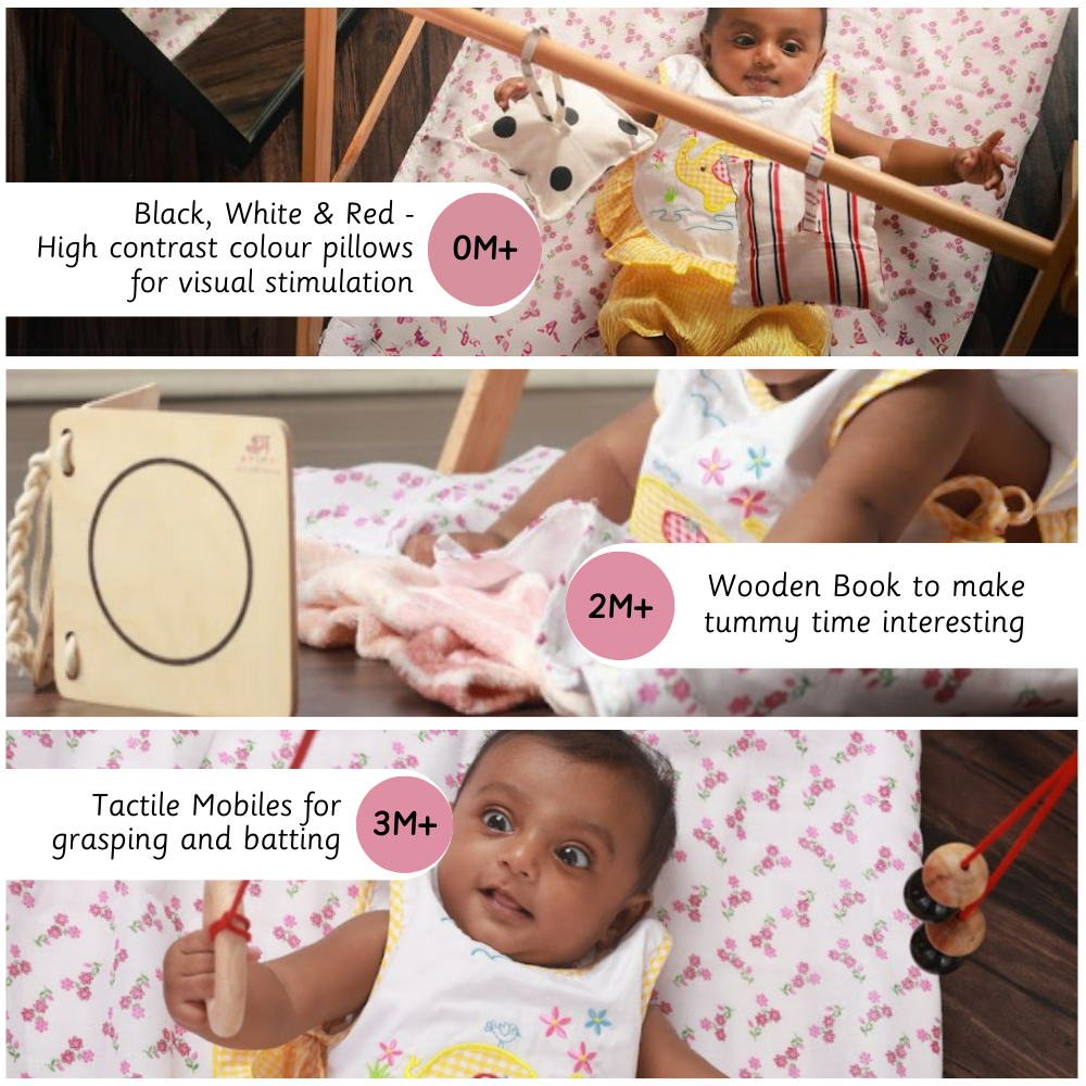 baby floor gym for newborns, featuring high-contrast pillows for visual stimulation at 0 months, a wooden book to engage a baby during tummy time at 2 months, and tactile mobiles designed for grasping and batting at 3 months.