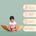 Child sitting on a wooden balancing board  with educational text on a light green background