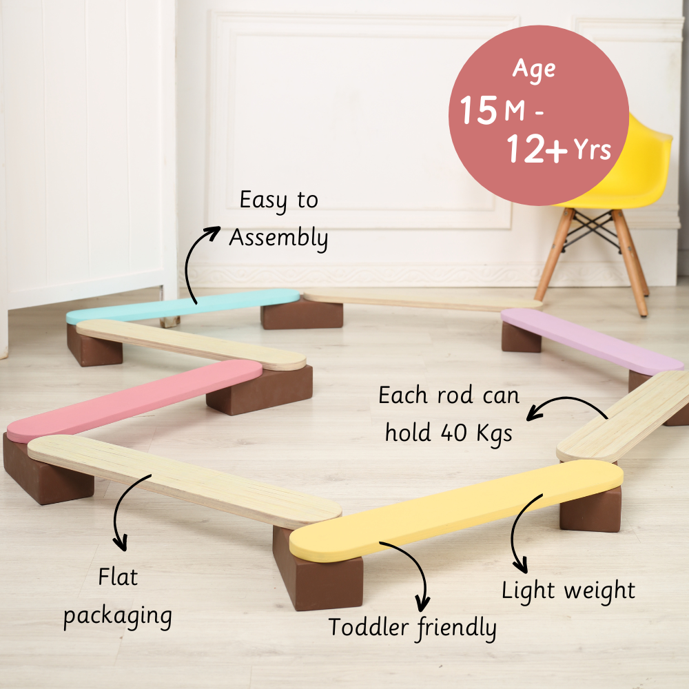 Ariro Balancing Beam is toddler-friendly, lightweight, easy to assemble, and safely supports up to 40 kg per rod for ages 15 months to 12+ years.