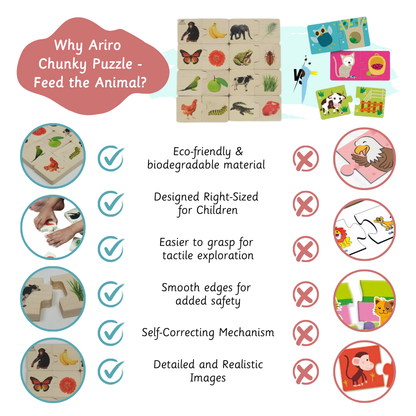 Chunky puzzle- Feed The Animals(16 Chunks) offers a natural, child-safe design that promotes logical thinking and fine motor skills without overwhelming visuals