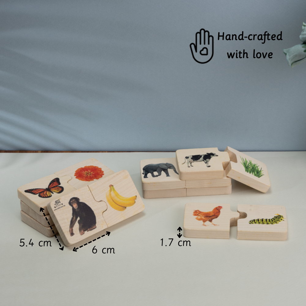 Chunky puzzle- Feed The Animals(16 Chunks) with natural wood pieces designed for tiny hands to explore grip, coordination, and early learning through simple, safe play.
