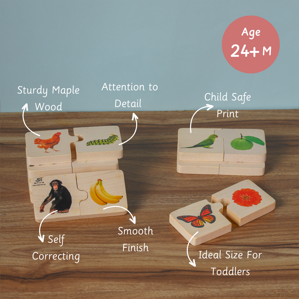 Crafted from sturdy maple wood with child-safe prints, these self-correcting puzzles are perfectly sized for toddlers 24+ months to boost matching skills, coordination, and attention to detail