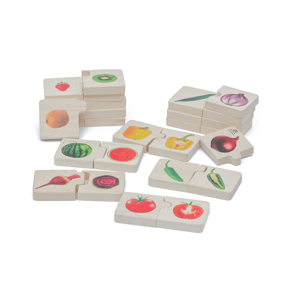 wooden matching puzzles, where each completed pair shows a fruit or vegetable both whole and sliced pictues for kids purposeful play