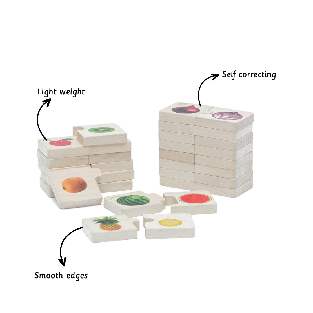 Chunky puzzle se is made with eco-friendly materials , light weight , smooth edges and self correcting for kids enabling simple and purposeful play 