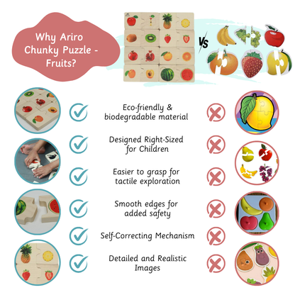 Chunky puzzle- Fruits (16 Chunks) offers a natural, child-safe design that promotes logical thinking and fine motor skills without overwhelming visuals