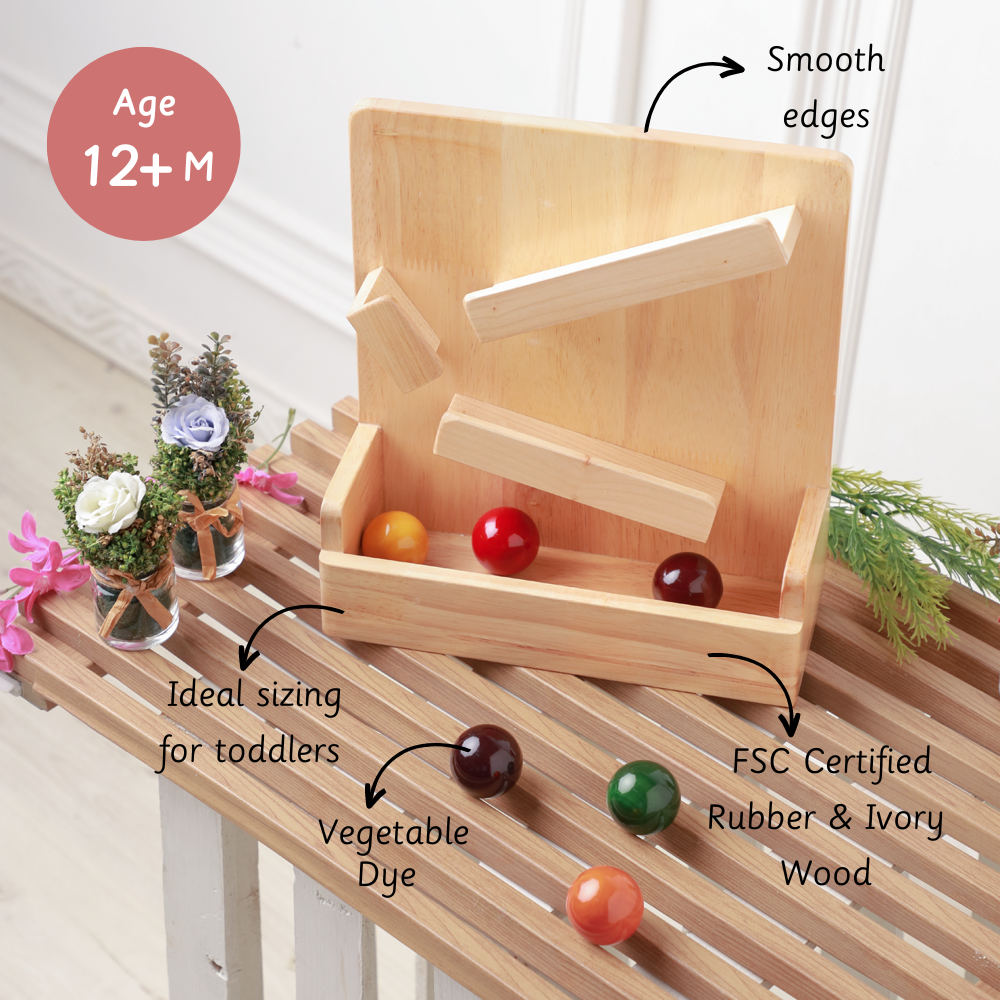 Classic ball slider  is made from FSC-certified rubber & ivory wood, features smooth edges, vegetable-dyed balls, and is ideally sized for toddlers’ hands.