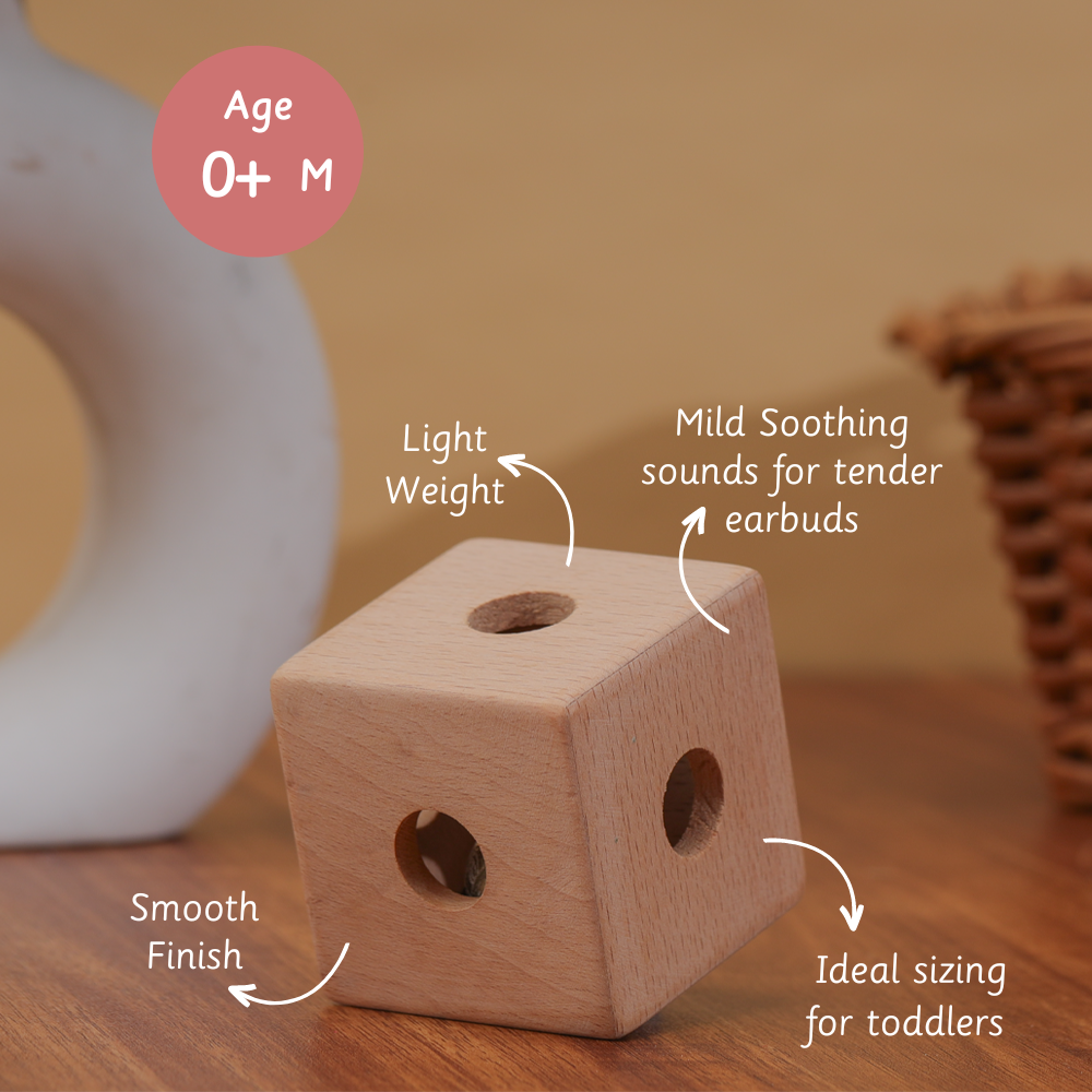 Cube Rattle is Lightweight, smooth-finished, toddler-sized cube with mild soothing sounds for tender ears.