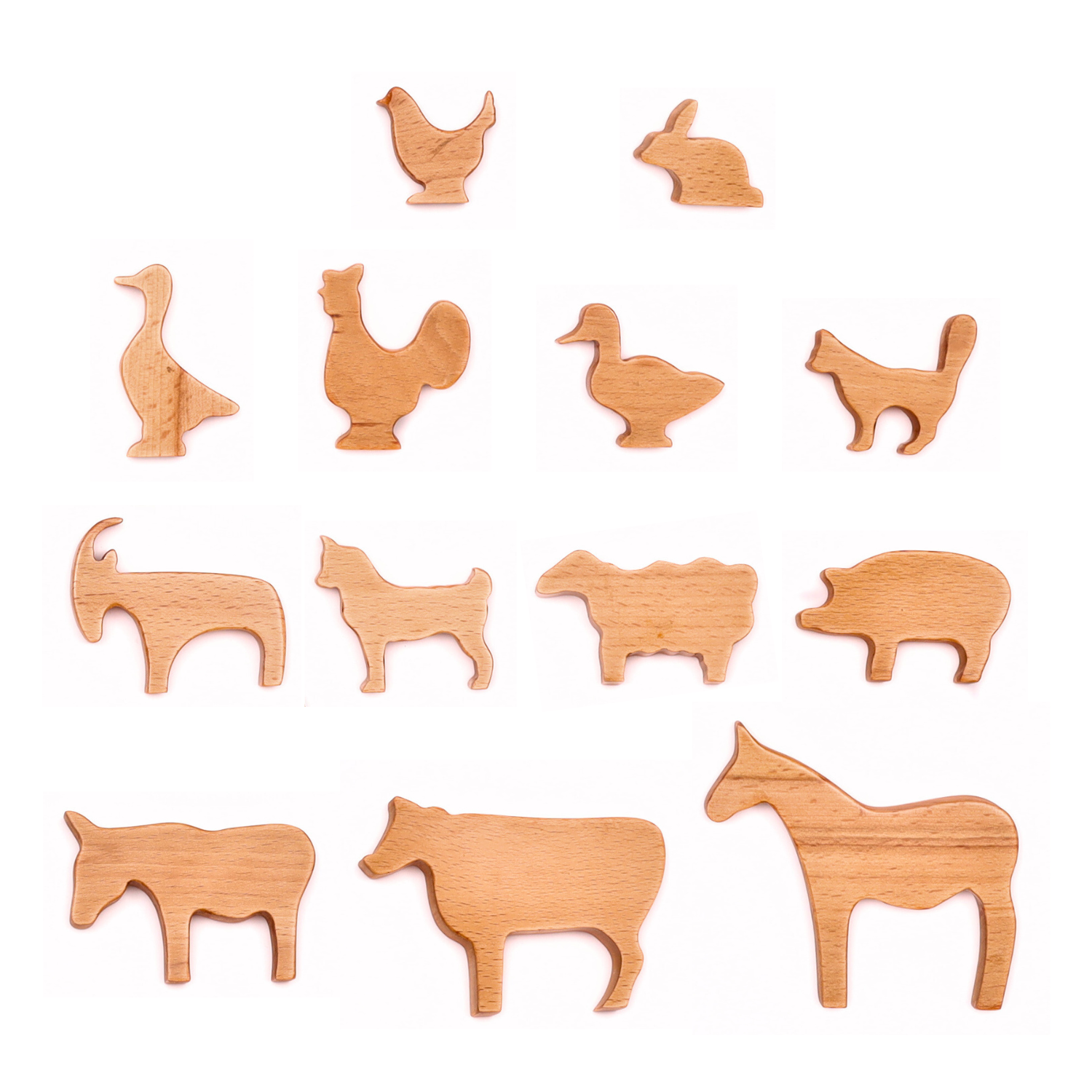 Wooden Farm Animals (Set of 13) featuring 13 handcrafted farm animals including: Chicken, Rabbit, Goose, Rooster, Duck, Cat, Rhinoceros, Dog, Sheep, Pig, Donkey, Cow, and Horse.