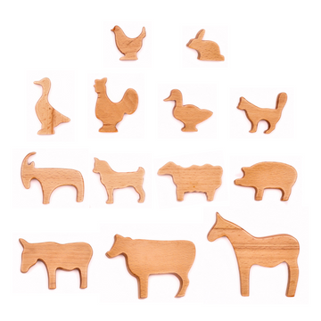 Wooden Farm Animals (Set of 13) featuring 13 handcrafted farm animals including: Chicken, Rabbit, Goose, Rooster, Duck, Cat, Rhinoceros, Dog, Sheep, Pig, Donkey, Cow, and Horse.