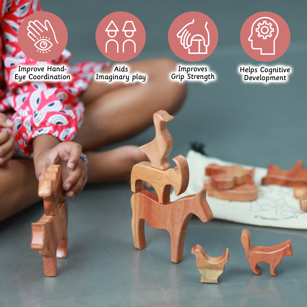 Wooden Farm Animals (Set of 13) enhance hand-eye coordination, boost imaginary play, improve grip strength, and support cognitive development.





