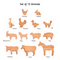 Wooden Farm Animals (Set of 13)  includes 13 wooden animal figures made from smooth, child-safe wood for tactile and imaginative play.